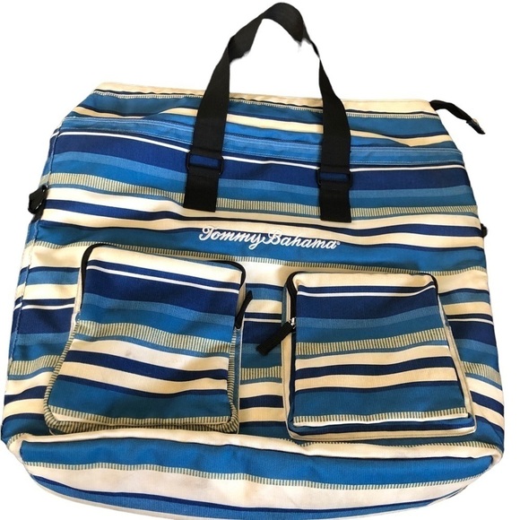 Tommy Bahama Travel Cooler Soft Fold~Up Striped Blue Green Tan Beach Party 20X17 - Picture 1 of 11